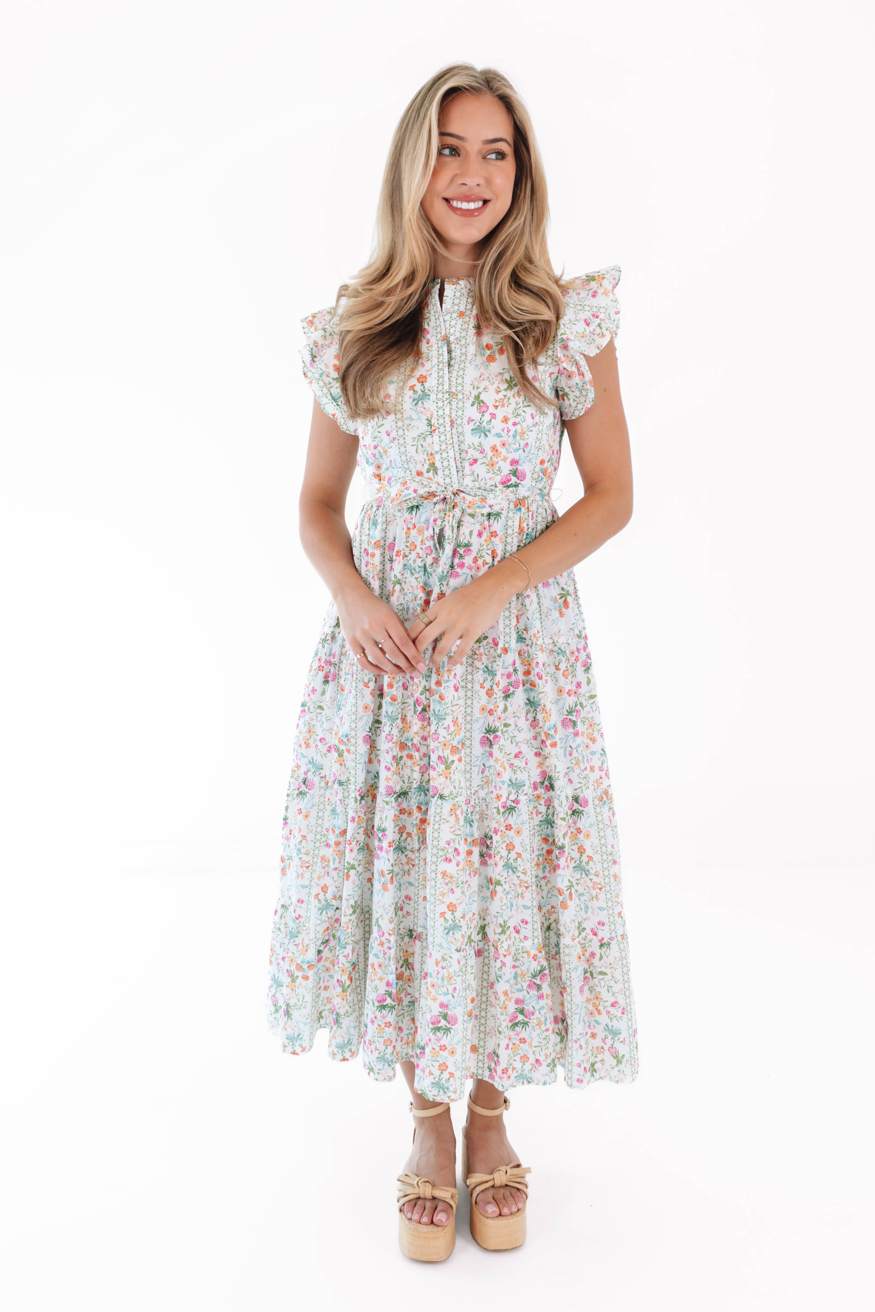 The Nora Ruffle Button Up Midi Dress XL The Nora Ruffle Button Up Midi Dress XL