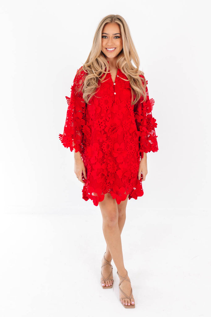 J.Marie Seraphina Floral 3D Lace Split V Button Up Long Sleeve Shift Dress